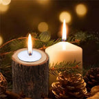 Rustic wooden candle holder with natural bark texture and smooth circular top surface wooden mini candle holder