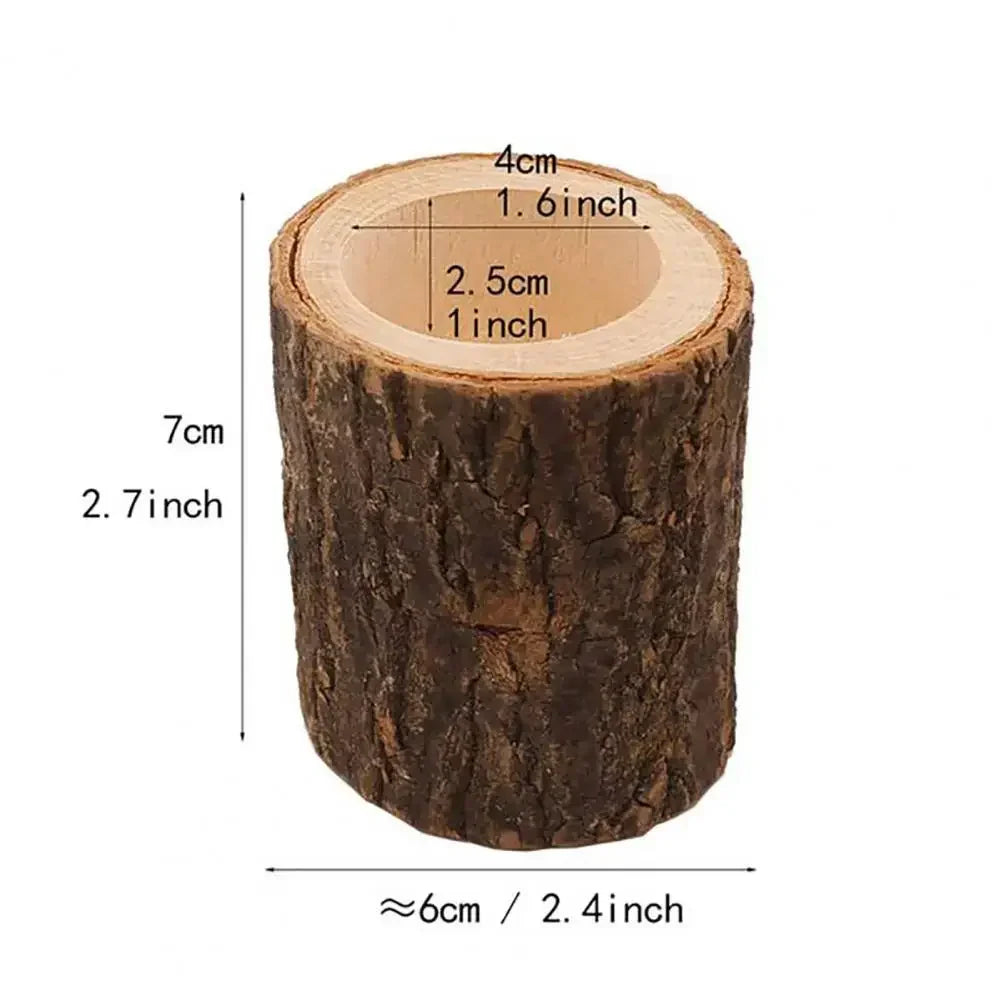 Candle holder wooden mini made of dark brown rustic wooden log with natural bark and visible wood grain