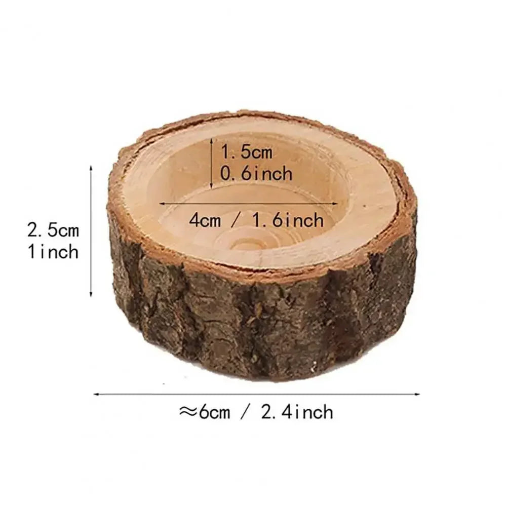 Candle holder wooden mini made from a rustic circular wooden slice with natural bark and smooth inner surface