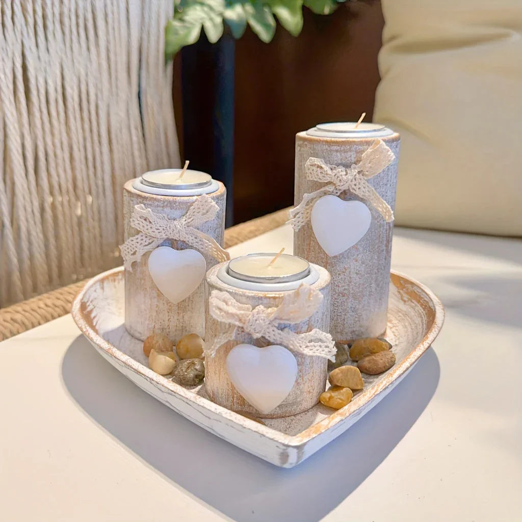 White Wood Candle Holder Set, Tea Light Candle Holders, Wooden Decorative Bowl with Tealight Candle Holders, Wood Pillar Candle Holders, Ins Style Wedding Anniversary Gift, Party Decor, House Warming Gift, Gift for Her House Of Avana [[SKU:HOA-CAN-027]]