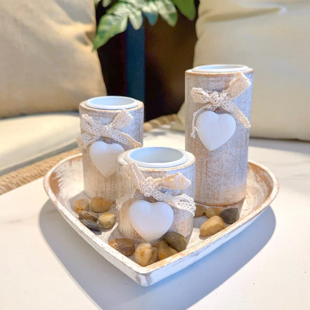 White Wood Candle Holder Set, Tea Light Candle Holders, Wooden Decorative Bowl with Tealight Candle Holders, Wood Pillar Candle Holders, Ins Style Wedding Anniversary Gift, Party Decor, House Warming Gift, Gift for Her House Of Avana [[SKU:HOA-CAN-027]]