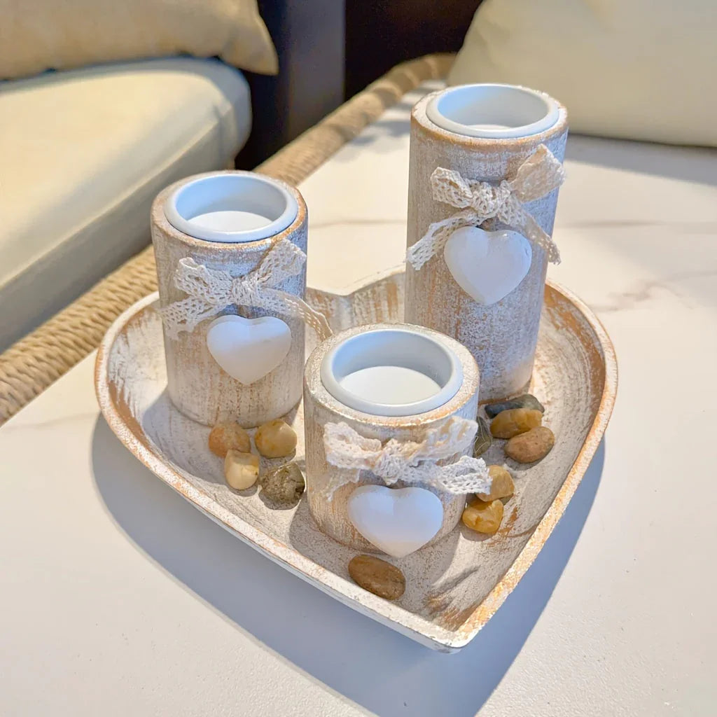 White Wood Candle Holder Set, Tea Light Candle Holders, Wooden Decorative Bowl with Tealight Candle Holders, Wood Pillar Candle Holders, Ins Style Wedding Anniversary Gift, Party Decor, House Warming Gift, Gift for Her House Of Avana [[SKU:HOA-CAN-027]]