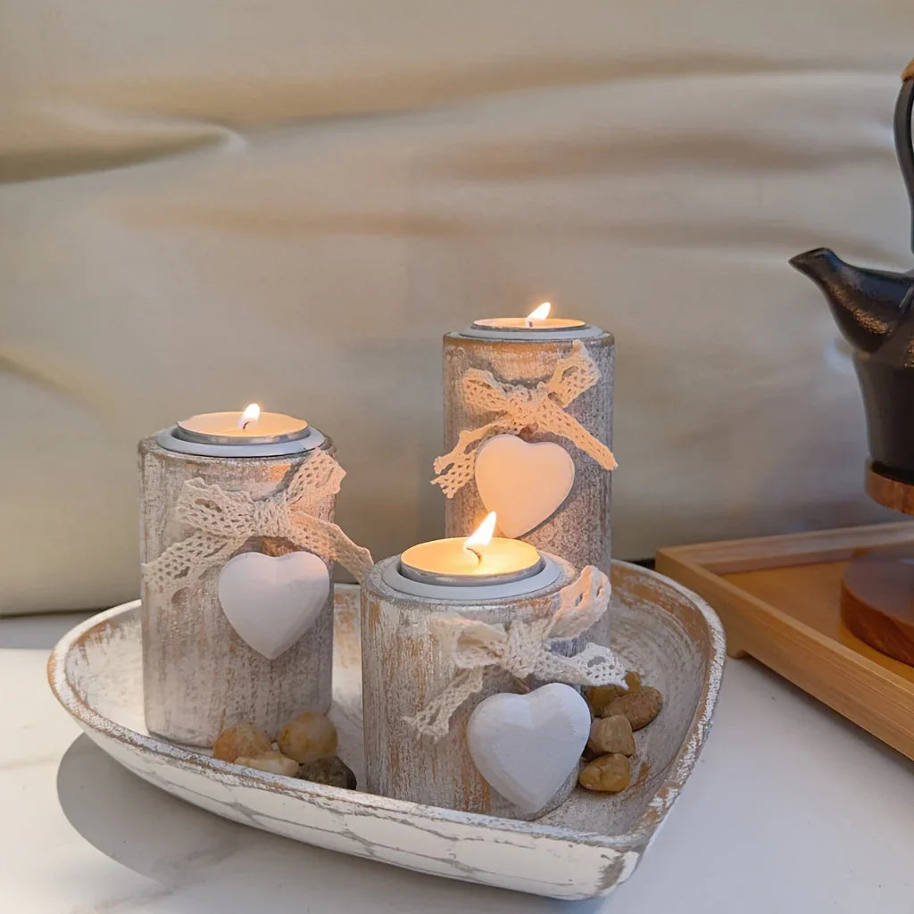 White Wood Candle Holder Set, Tea Light Candle Holders, Wooden Decorative Bowl with Tealight Candle Holders, Wood Pillar Candle Holders, Ins Style Wedding Anniversary Gift, Party Decor, House Warming Gift, Gift for Her House Of Avana [[SKU:HOA-CAN-027]]