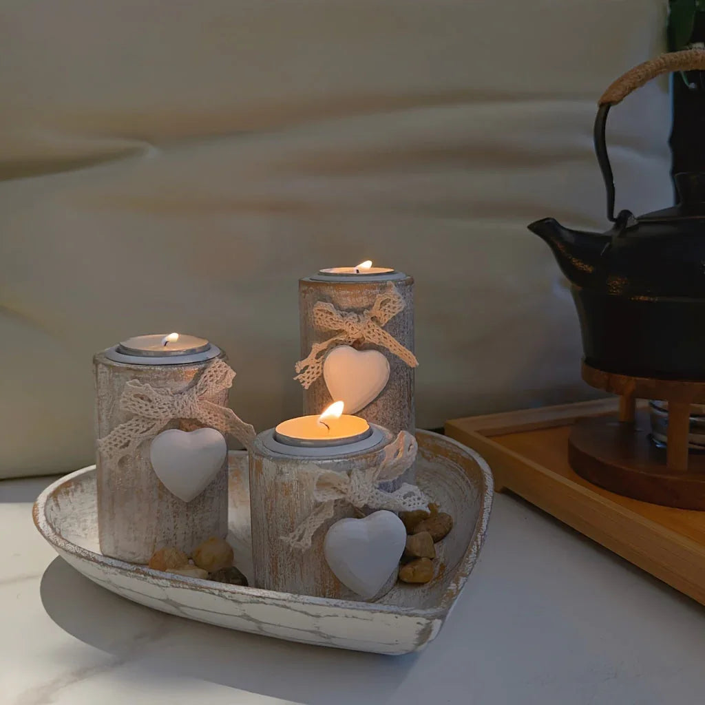 White Wood Candle Holder Set, Tea Light Candle Holders, Wooden Decorative Bowl with Tealight Candle Holders, Wood Pillar Candle Holders, Ins Style Wedding Anniversary Gift, Party Decor, House Warming Gift, Gift for Her House Of Avana [[SKU:HOA-CAN-027]]