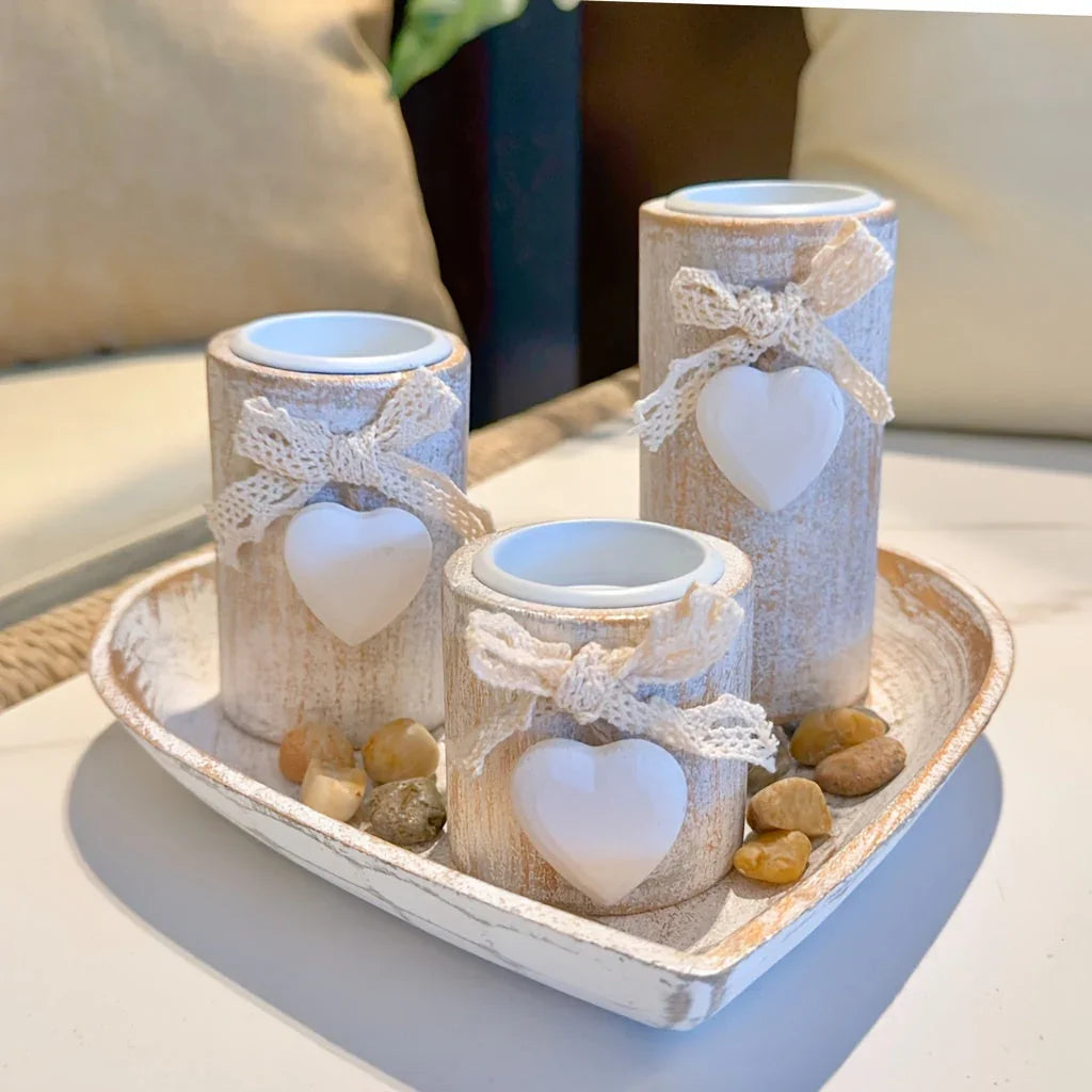 White Wood Candle Holder Set, Tea Light Candle Holders, Wooden Decorative Bowl with Tealight Candle Holders, Wood Pillar Candle Holders, Ins Style Wedding Anniversary Gift, Party Decor, House Warming Gift, Gift for Her House Of Avana [[SKU:HOA-CAN-027]]