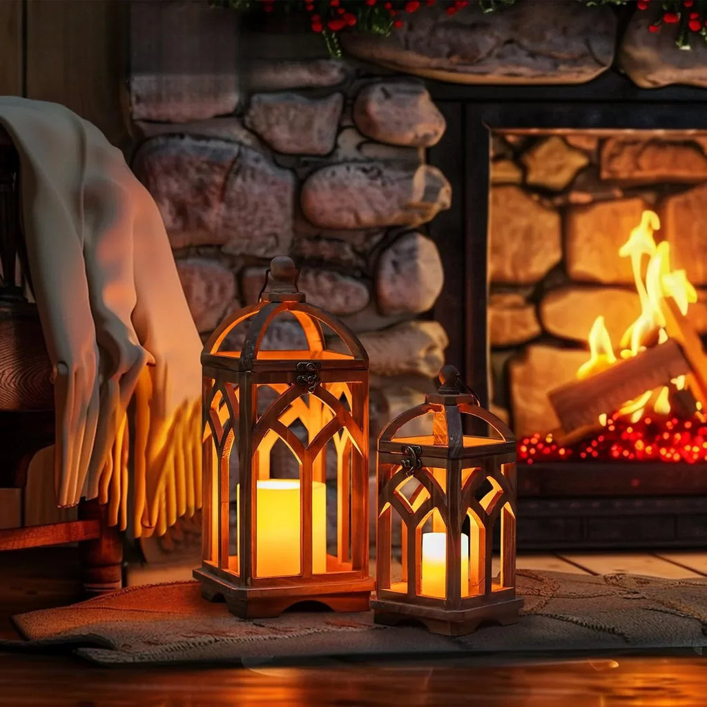 Candle Lantern - Rustic Wooden Set