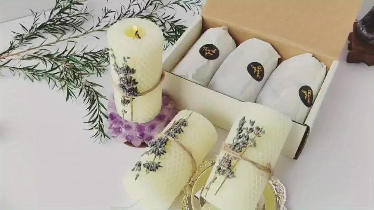 Pillar Candles - Beeswax Lavender 3-pack, angled view - House Of Avana