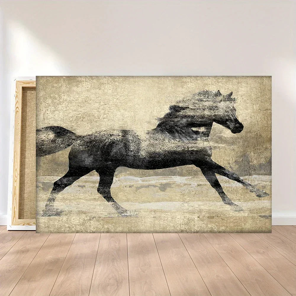 Wooden Framed Galloping Horse Canvas Art Home Decor, angled view - House Of Avana
