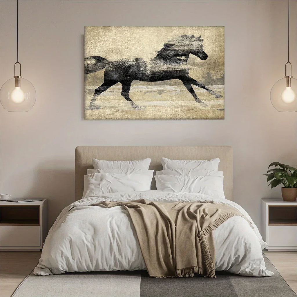 Wooden Framed Galloping Horse Canvas Art Home Decor, angled view - House Of Avana