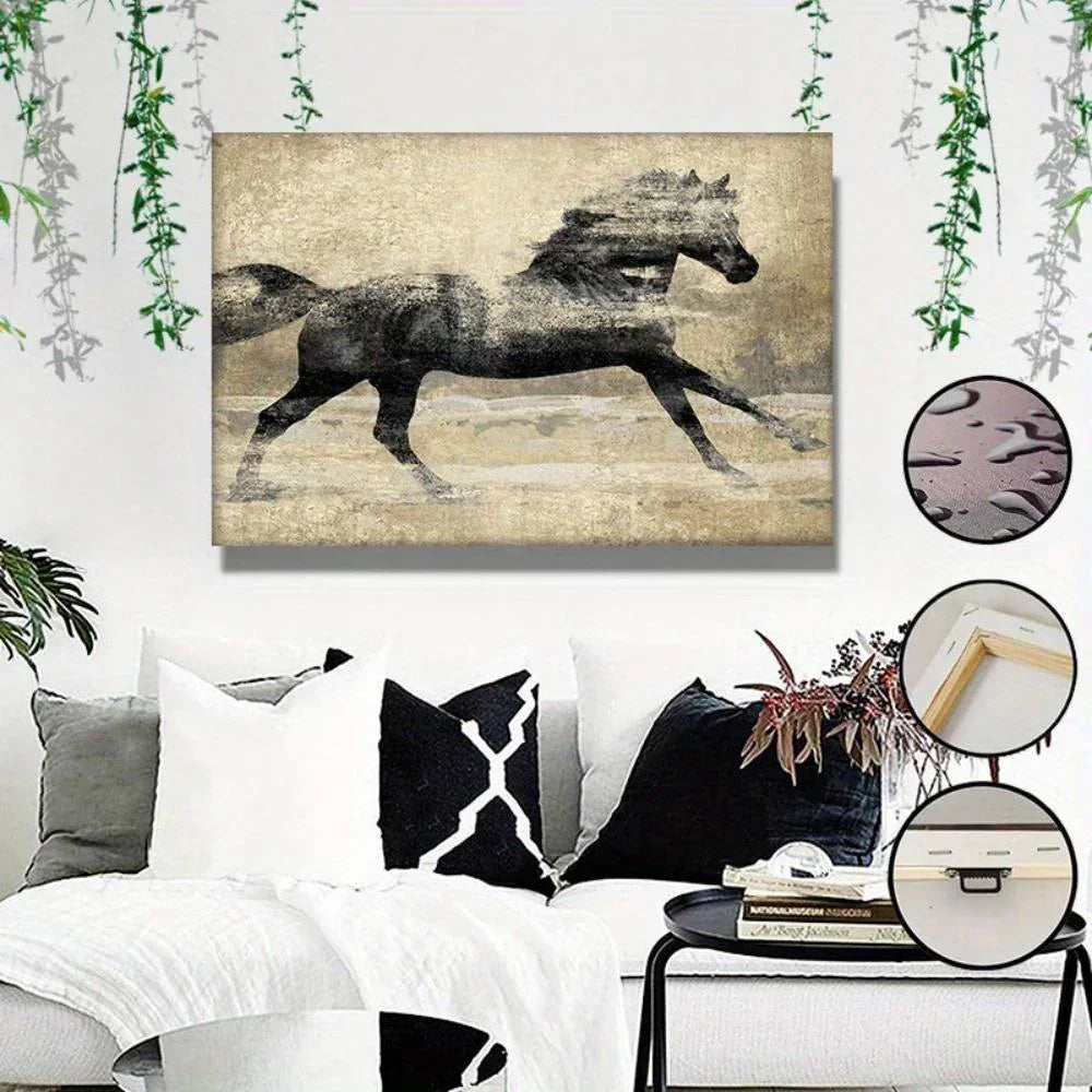 Wooden Framed Galloping Horse Canvas Art Home Decor, front view - House Of Avana