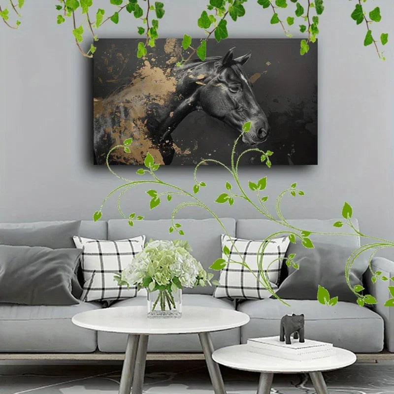 1pc Wooden Framed Canvas Painting Artistic printing, corridor home living room decoration suspensibility Horse portrait, monochrome with gold accents (1) - House Of Avana