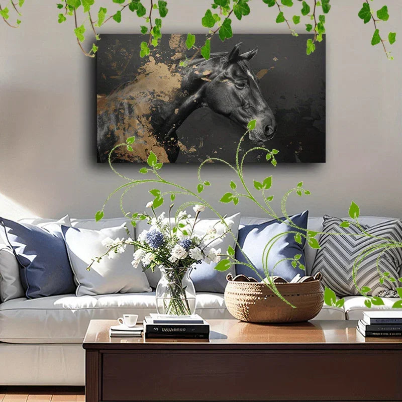 1pc Wooden Framed Canvas Painting Artistic printing, corridor home living room decoration suspensibility Horse portrait, monochrome with gold accents (1) - House Of Avana