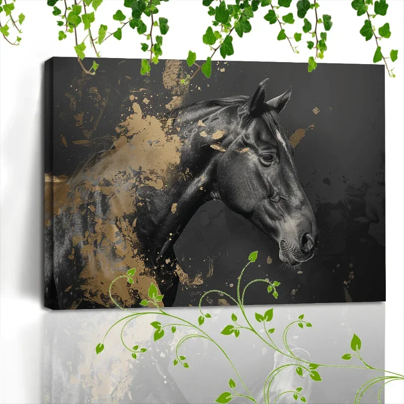 1pc Wooden Framed Canvas Painting Artistic printing, corridor home living room decoration suspensibility Horse portrait, monochrome with gold accents (1) - House Of Avana