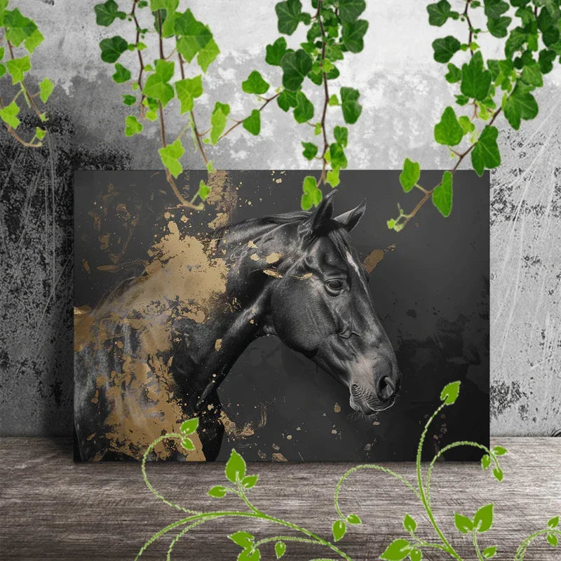 1pc Wooden Framed Canvas Painting Artistic printing, corridor home living room decoration suspensibility Horse portrait, monochrome with gold accents (1) - House Of Avana