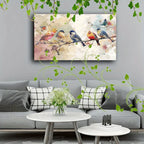 1pc Wooden Framed Canvas Painting Colorful birds on branches, soft background, watercolor effect, nature scene, diverse bird species (1) - House Of Avana