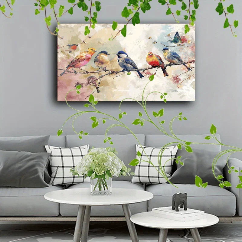 1pc Wooden Framed Canvas Painting Colorful birds on branches, soft background, watercolor effect, nature scene, diverse bird species (1) - House Of Avana