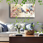 1pc Wooden Framed Canvas Painting Colorful birds on branches, soft background, watercolor effect, nature scene, diverse bird species (1) - House Of Avana