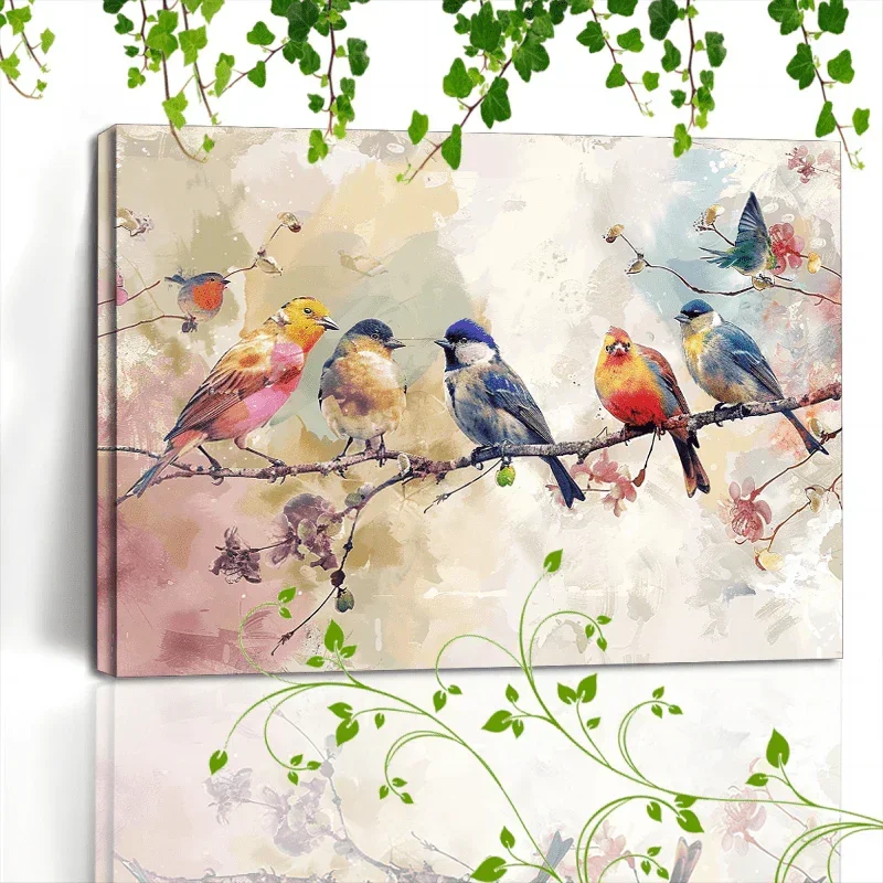 1pc Wooden Framed Canvas Painting Colorful birds on branches, soft background, watercolor effect, nature scene, diverse bird species (1) - House Of Avana