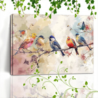 1pc Wooden Framed Canvas Painting Colorful birds on branches, soft background, watercolor effect, nature scene, diverse bird species (1) - House Of Avana
