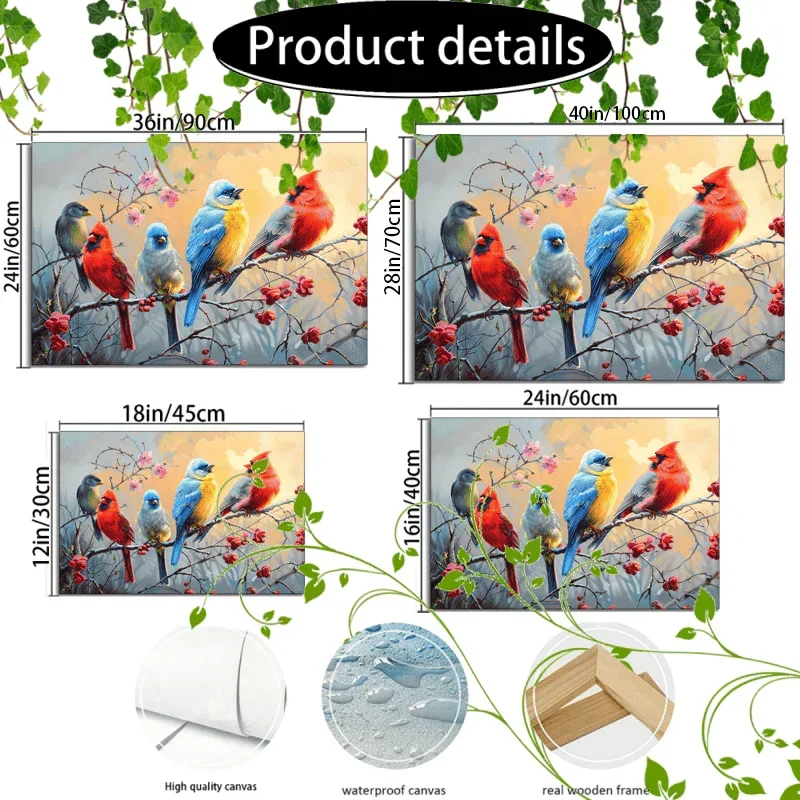 1pc Wooden Framed Canvas Painting Artistic printing, corridor home living room decoration suspensibility Colorful birds perched on branches (1) - House Of Avana