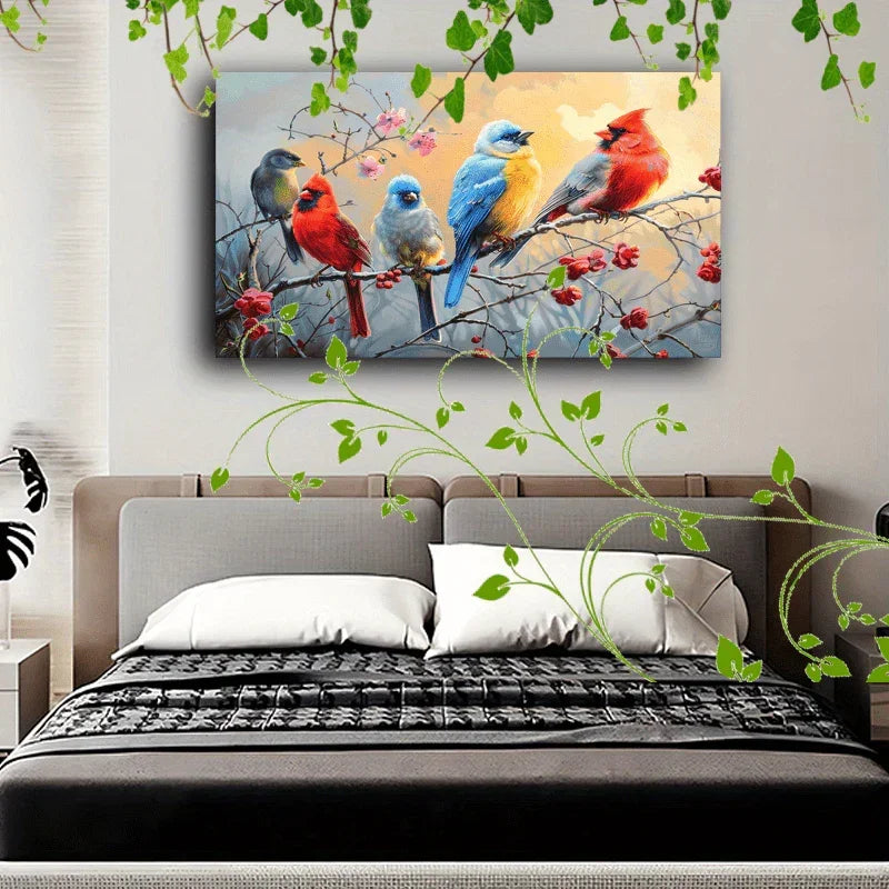 1pc Wooden Framed Canvas Painting Artistic printing, corridor home living room decoration suspensibility Colorful birds perched on branches (1) - House Of Avana