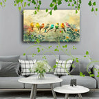 Wooden Framed Canvas Painting Colorful Birds on Branches, Soft Background, Watercolor Effect, Nature... - House Of Avana