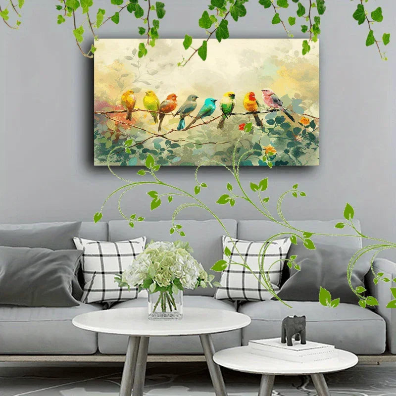 Wooden Framed Canvas Painting Colorful Birds on Branches, Soft Background, Watercolor Effect, Nature... - House Of Avana