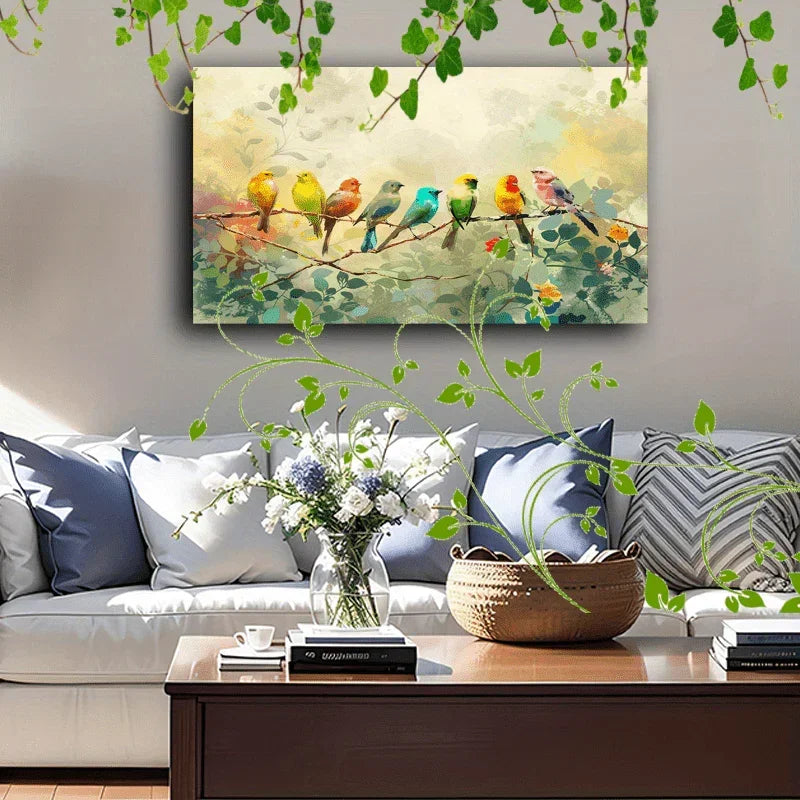 Wooden Framed Canvas Painting Colorful Birds on Branches, Soft Background, Watercolor Effect, Nature... - House Of Avana