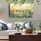 Wooden Framed Canvas Painting Colorful Birds on Branches, Soft Background, Watercolor Effect, Nature... - House Of Avana