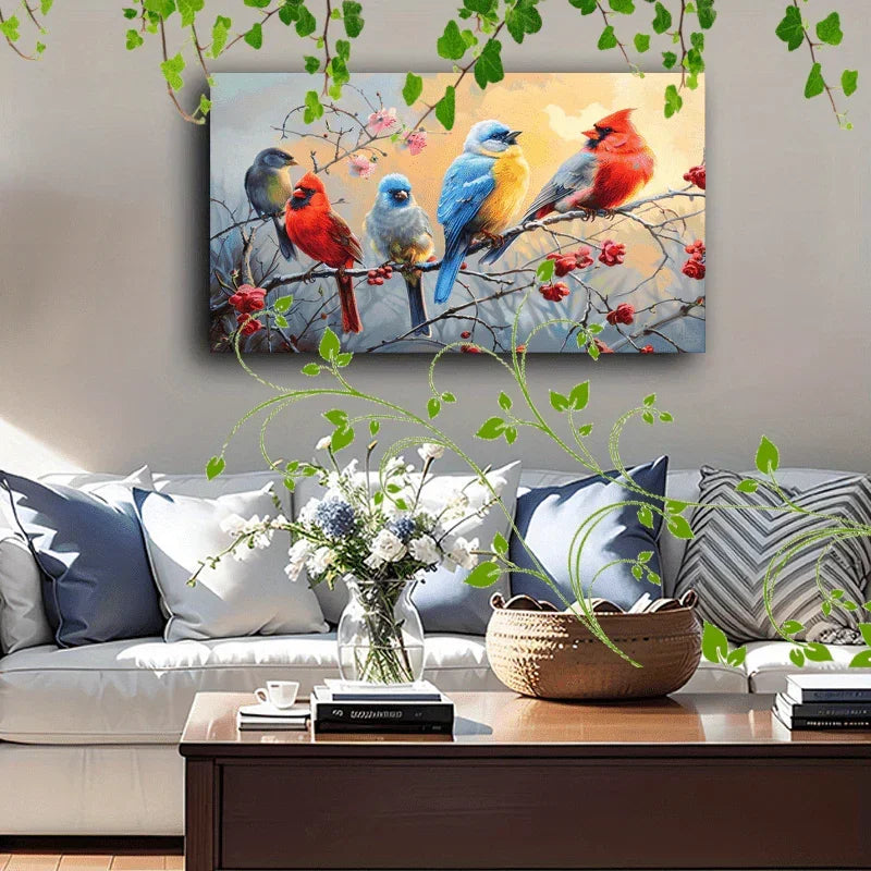 1pc Wooden Framed Canvas Painting Artistic printing, corridor home living room decoration suspensibility Colorful birds perched on branches (1) - House Of Avana