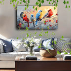 1pc Wooden Framed Canvas Painting Artistic printing, corridor home living room decoration suspensibility Colorful birds perched on branches (1) - House Of Avana