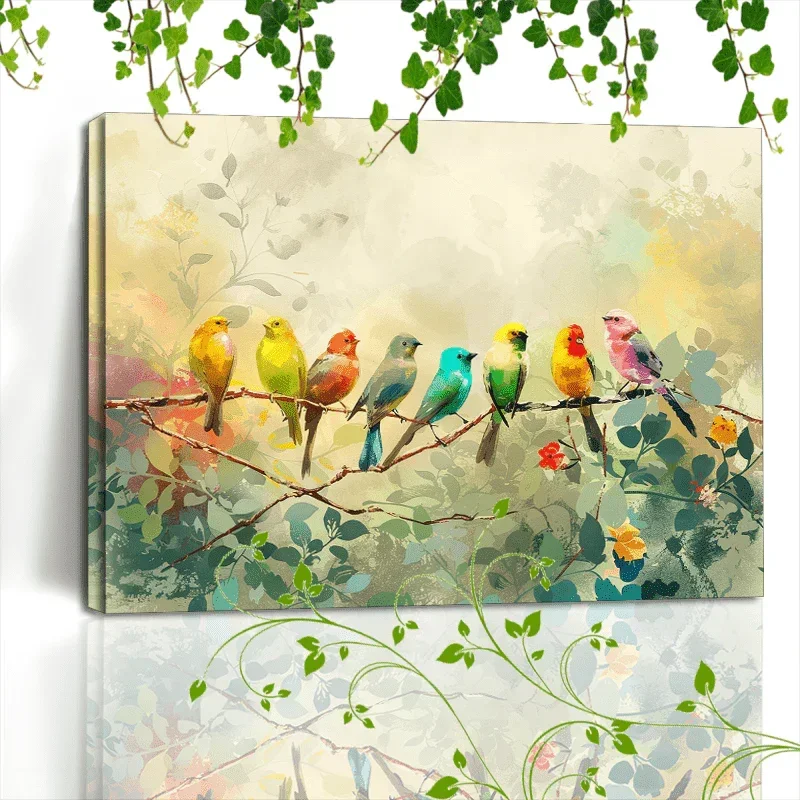 Wooden Framed Canvas Painting Colorful Birds on Branches, Soft Background, Watercolor Effect, Nature... - House Of Avana