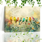 Wooden Framed Canvas Painting Colorful Birds on Branches, Soft Background, Watercolor Effect, Nature... - House Of Avana