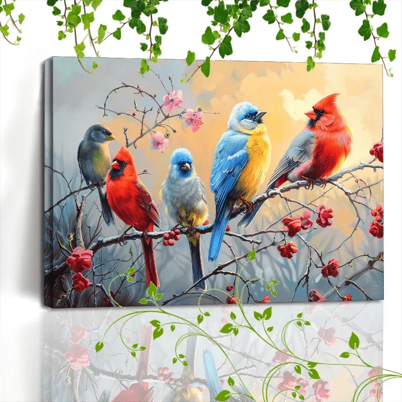 1pc Wooden Framed Canvas Painting Artistic printing, corridor home living room decoration suspensibility Colorful birds perched on branches (1) - House Of Avana