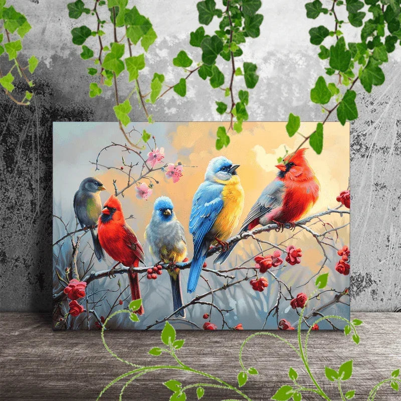 1pc Wooden Framed Canvas Painting Artistic printing, corridor home living room decoration suspensibility Colorful birds perched on branches (1) - House Of Avana