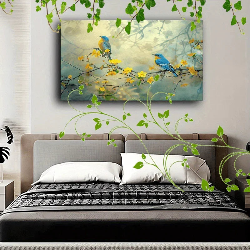 1pc Wooden Framed Canvas Painting Artwork Very suitable for office corridor home living room decoration Two blue and yellow birds, tree branches, yellow flowers, soft background - House Of Avana