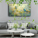 1pc Wooden Framed Canvas Painting Artwork Very suitable for office corridor home living room decoration Two blue and yellow birds, tree branches, yellow flowers, soft background - House Of Avana