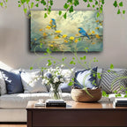 1pc Wooden Framed Canvas Painting Artwork Very suitable for office corridor home living room decoration Two blue and yellow birds, tree branches, yellow flowers, soft background - House Of Avana
