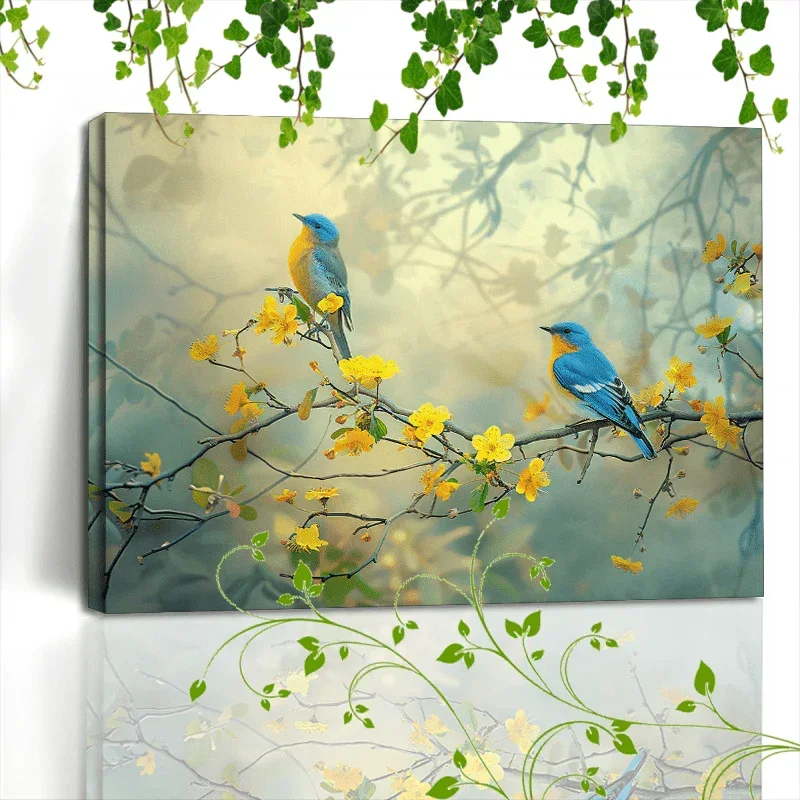 1pc Wooden Framed Canvas Painting Artwork Very suitable for office corridor home living room decoration Two blue and yellow birds, tree branches, yellow flowers, soft background - House Of Avana