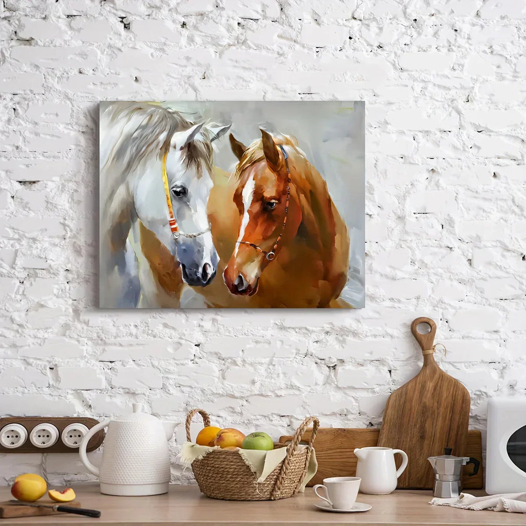 1pc Wooden Framed Canvas Painting, White And Brown Horse Canvas Painting, For Living Room&Bedroom, Home Decoration, Festival Gift, 11.8inch*15.7inch - House Of Avana