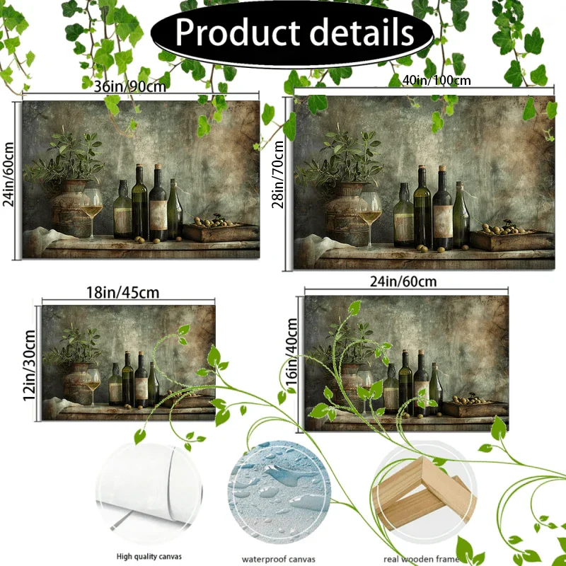 Wooden Framed Canvas Painting Wine Bottles and Glasses, Olives, Oil Bottles, Rustic Setting, Vintage... - House Of Avana