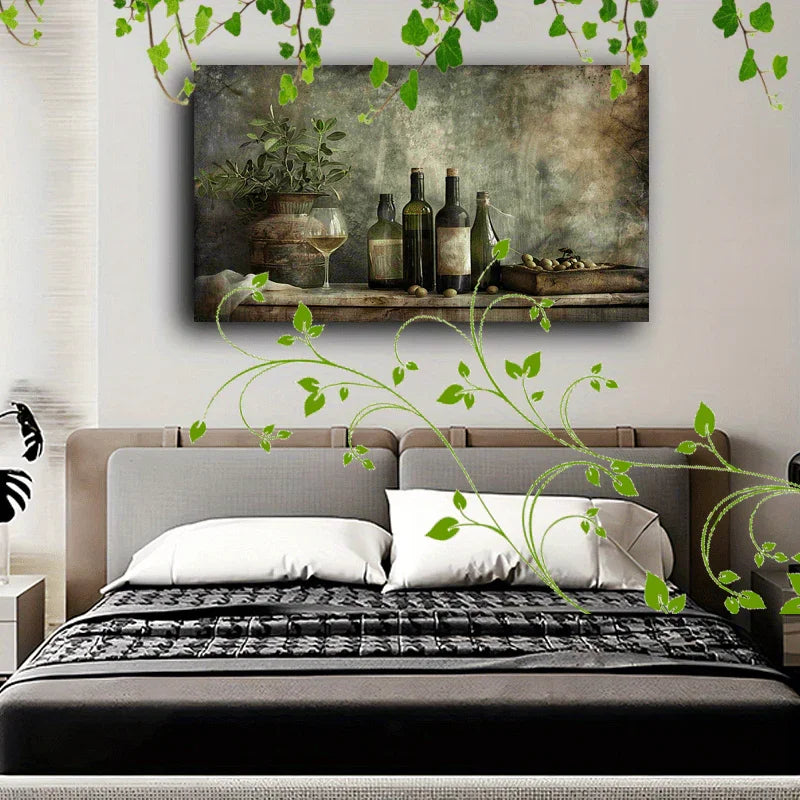 Wooden Framed Canvas Painting Wine Bottles and Glasses, Olives, Oil Bottles, Rustic Setting, Vintage... - House Of Avana