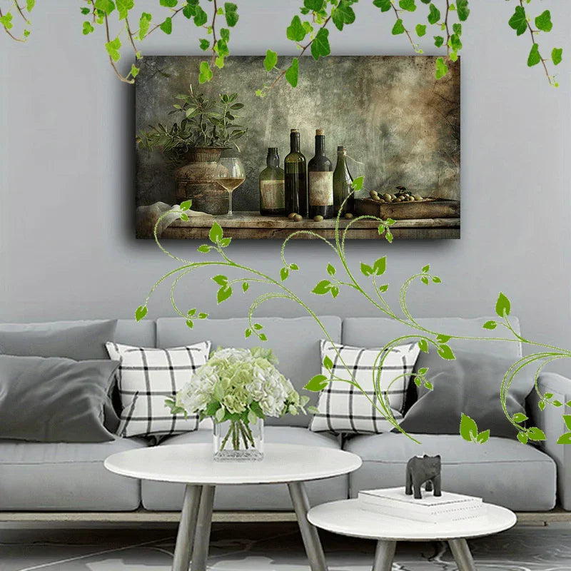 Wooden Framed Canvas Painting Wine Bottles and Glasses, Olives, Oil Bottles, Rustic Setting, Vintage... - House Of Avana