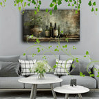 Wooden Framed Canvas Painting Wine Bottles and Glasses, Olives, Oil Bottles, Rustic Setting, Vintage... - House Of Avana