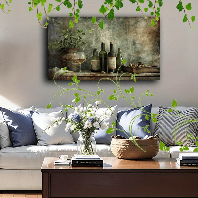 Wooden Framed Canvas Painting Wine Bottles and Glasses, Olives, Oil Bottles, Rustic Setting, Vintage... - House Of Avana