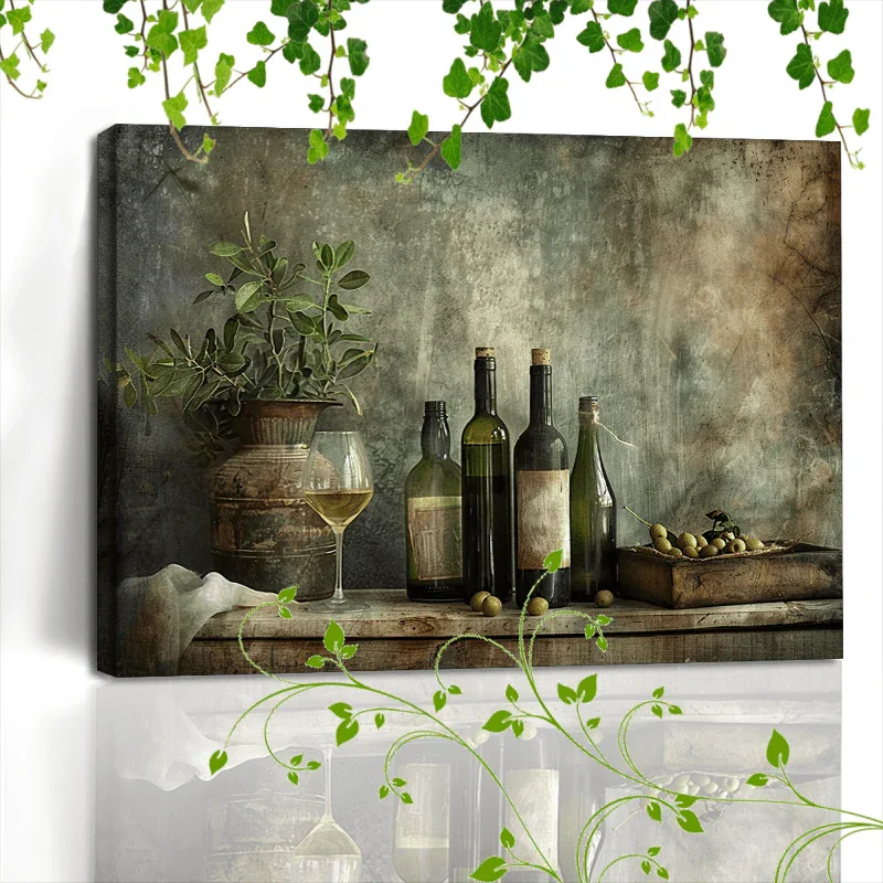 Wooden Framed Canvas Painting Wine Bottles and Glasses, Olives, Oil Bottles, Rustic Setting, Vintage... - House Of Avana