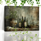 Wooden Framed Canvas Painting Wine Bottles and Glasses, Olives, Oil Bottles, Rustic Setting, Vintage... - House Of Avana