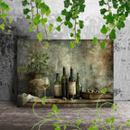 Wooden Framed Canvas Painting Wine Bottles and Glasses, Olives, Oil Bottles, Rustic Setting, Vintage... - House Of Avana