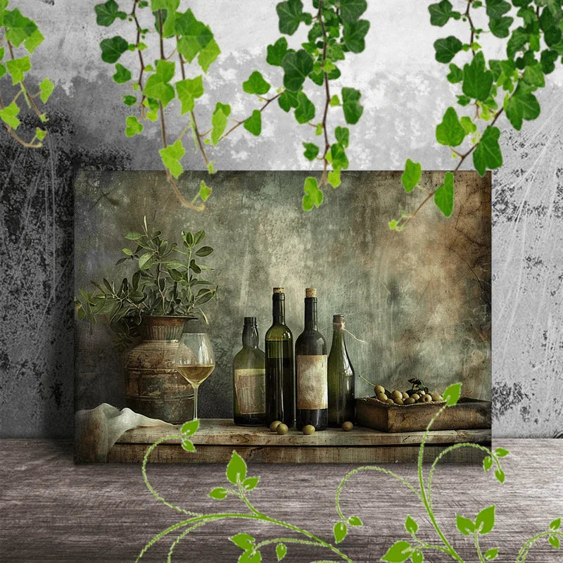 Wooden Framed Canvas Painting Wine Bottles and Glasses, Olives, Oil Bottles, Rustic Setting, Vintage... - House Of Avana
