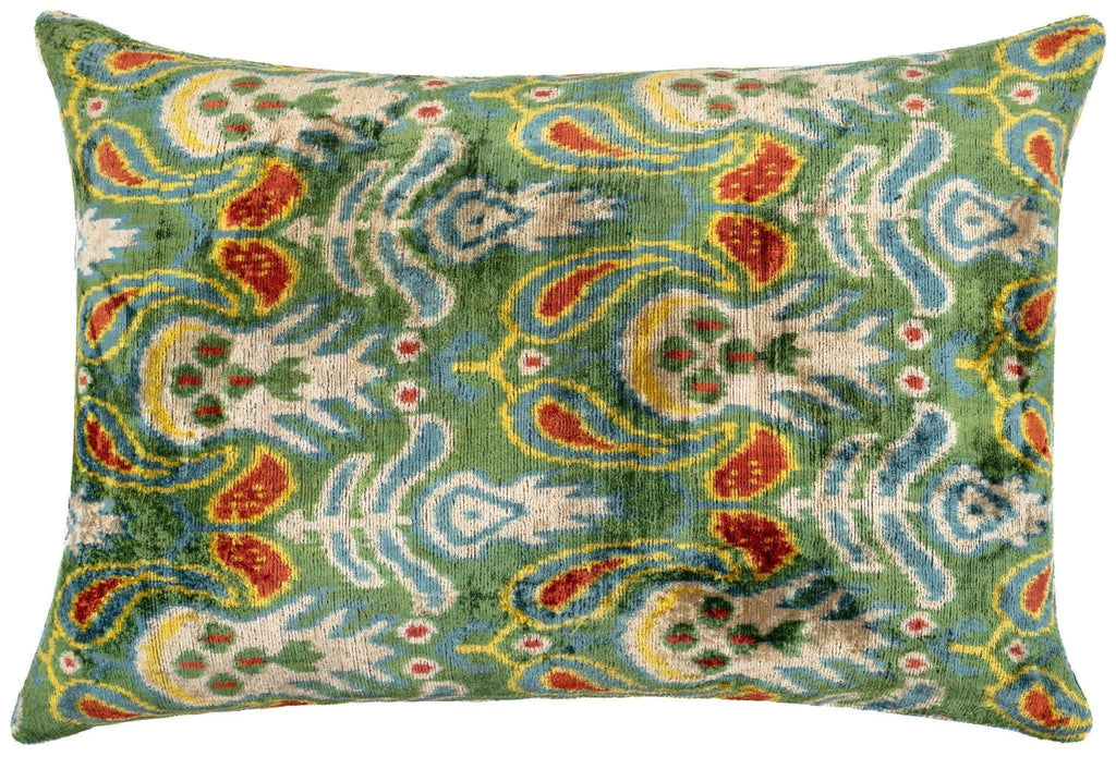Canvello Exquisite 16x24 in Handmade Ikat Silk Velvet Pillow with Premium Down Feather Insert – Vibrant Vegetable Dyed Colors Canvello